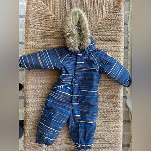 Kids Blue Striped Snowsuit with Faux Fur Hood